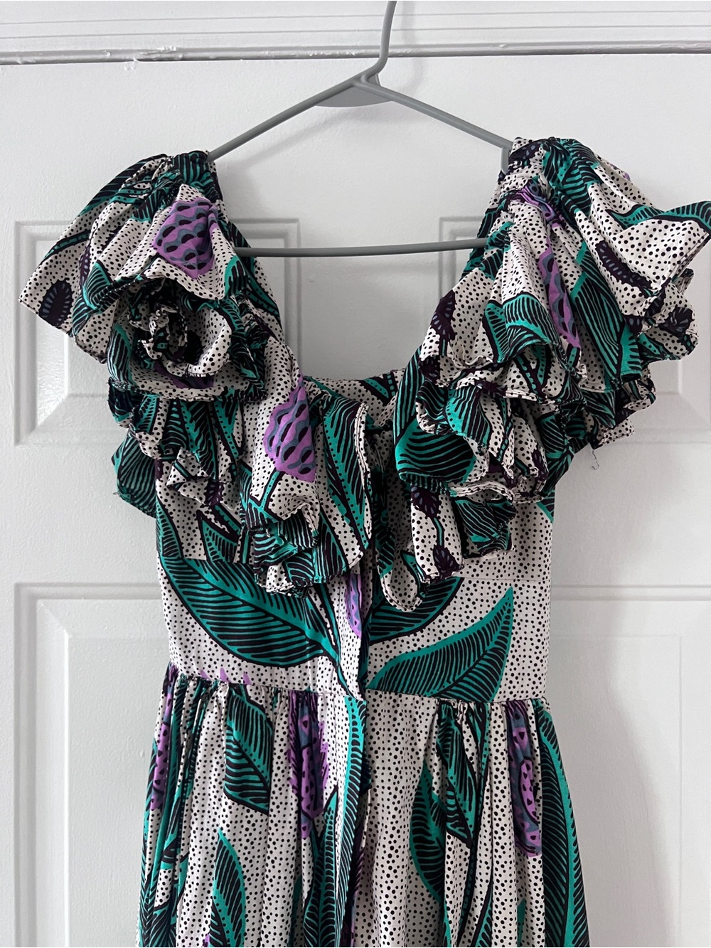 Anthropologie x Sika White, Teal & Purple Ruffled Maxi Dress
